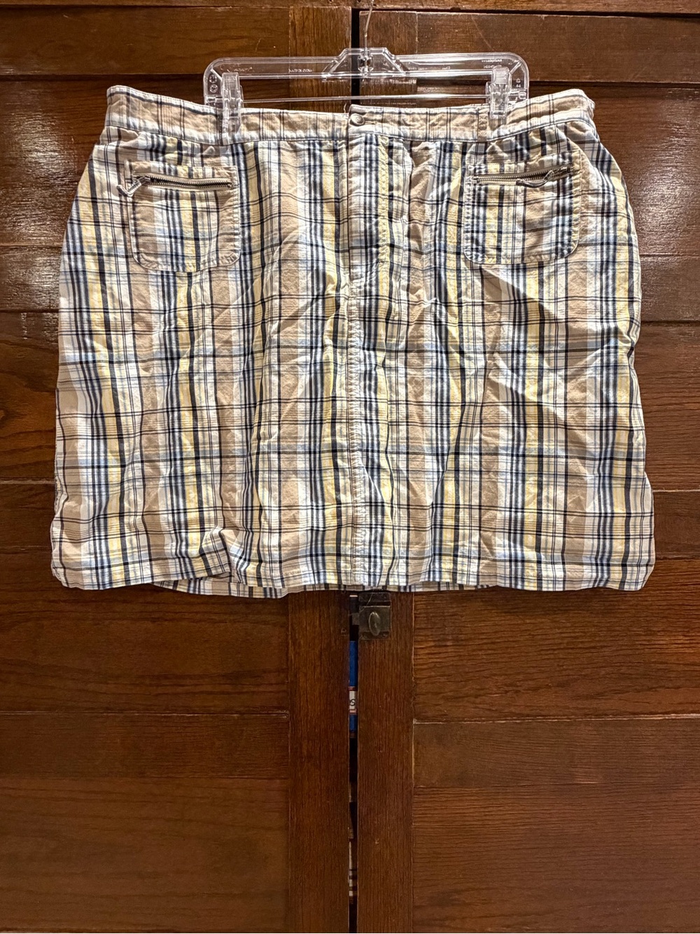 CJ Banks 22W Casual Plaid Mini Skirt skort liner shorts cotton blue tan yellow